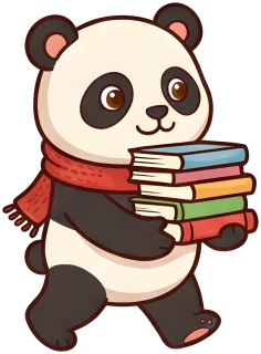 Little Panda carries a pile of books.