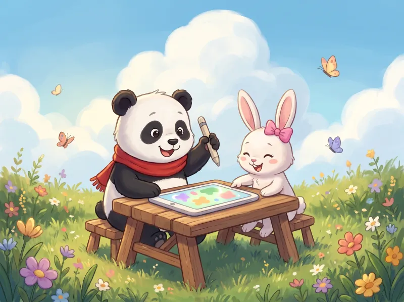 Little Panda and Lulu the Bunny coloring a picture on a tablet at a picnic table