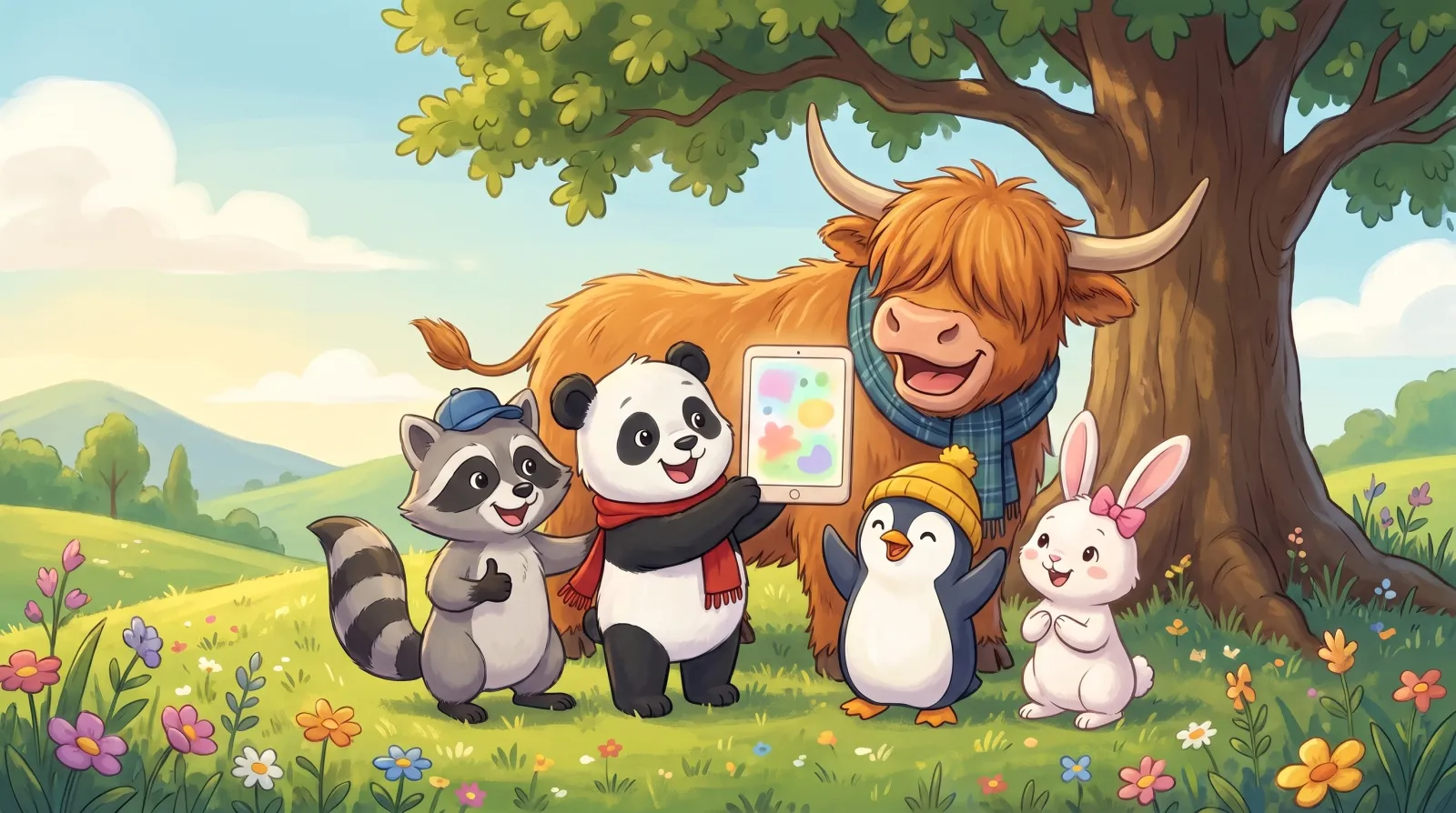 Little Panda holds up a tablet for Hamish, Ricky, Lulu and Pip on a sunny hill