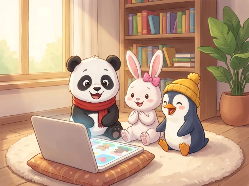 Little Panda, Lulu the Bunny and Pip the Penguin reading a story together on a tablet