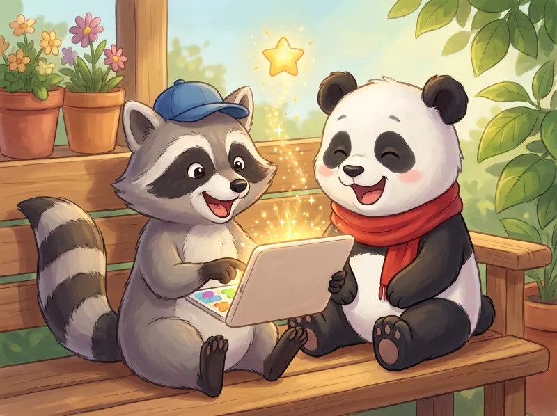 Ricky the Raccoon taps a word on a tablet and a star sparkles up while Little Panda laughs