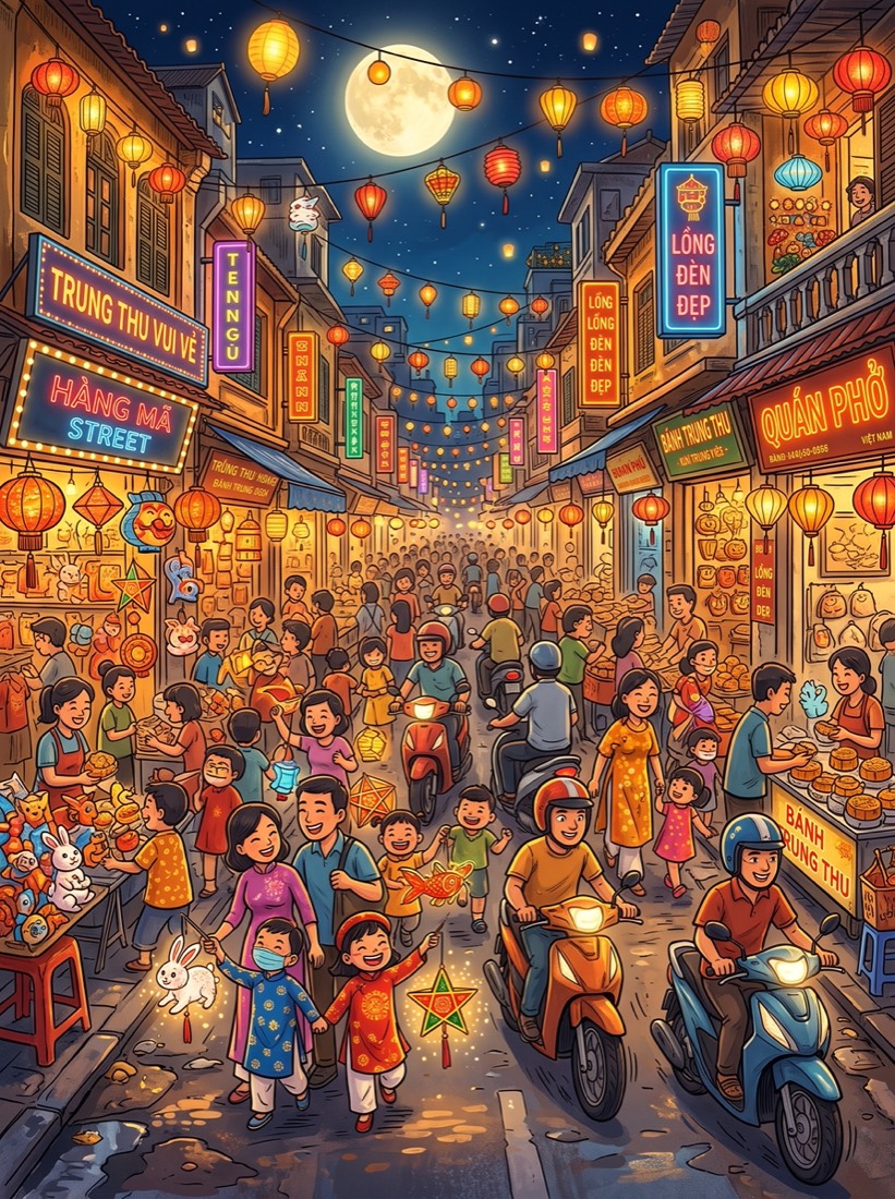 A street decorated with red and gold lanterns for the Mid-Autumn Festival
