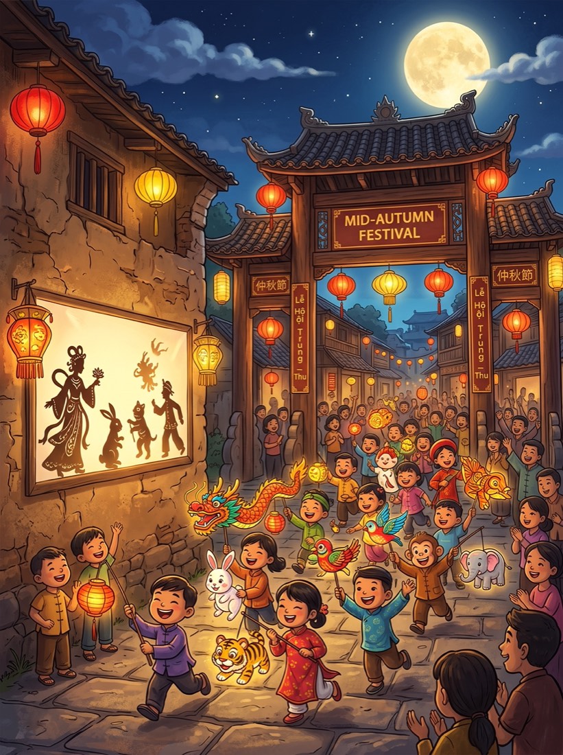 Children in a lantern procession beneath a Mid-Autumn Festival gate, with a shadow-puppet show of the Moon Lady and the jade rabbit