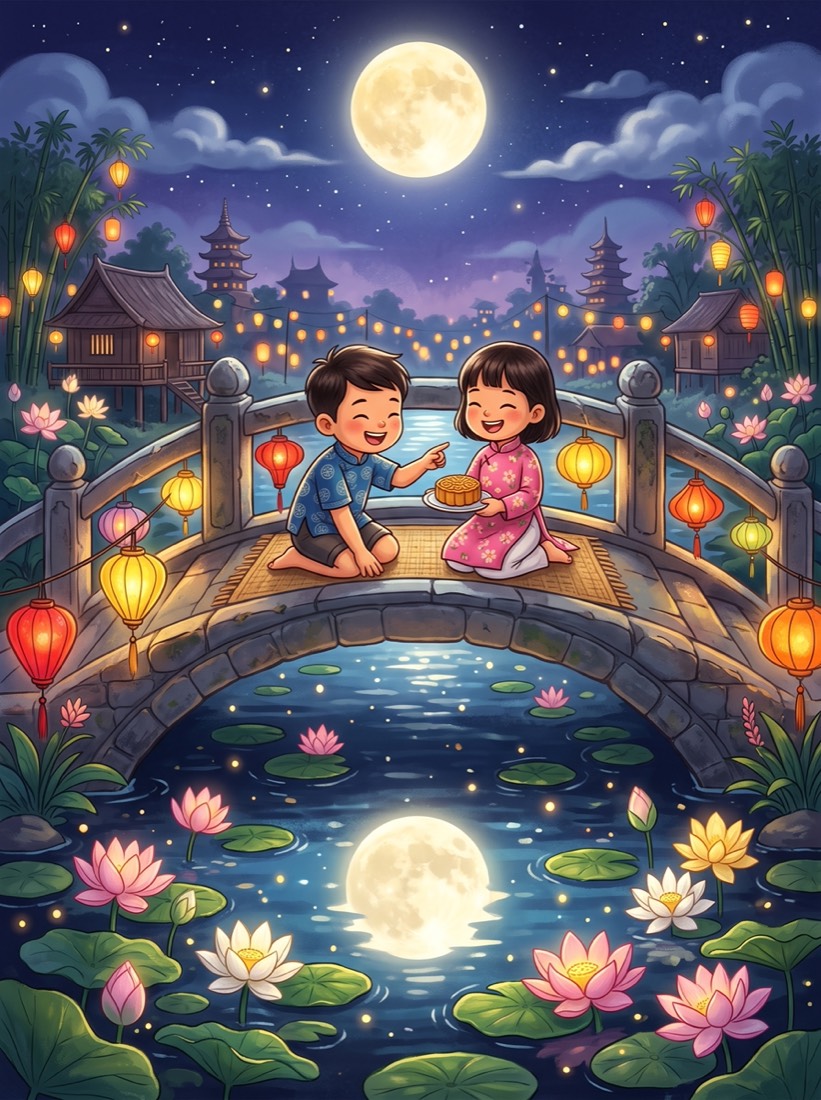 Children sharing mooncakes at a table lit by lanterns