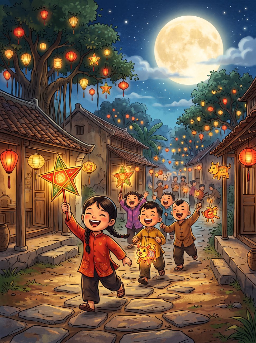 Children carrying glowing star-shaped lanterns through a street at night