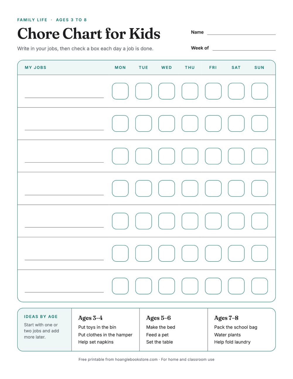 Chore Chart for Kids: the printable sheet