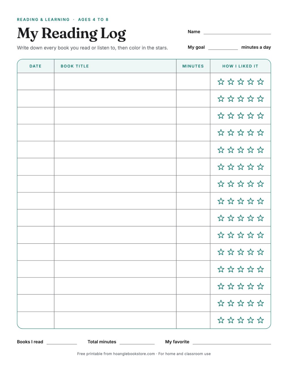 My Reading Log: the printable sheet