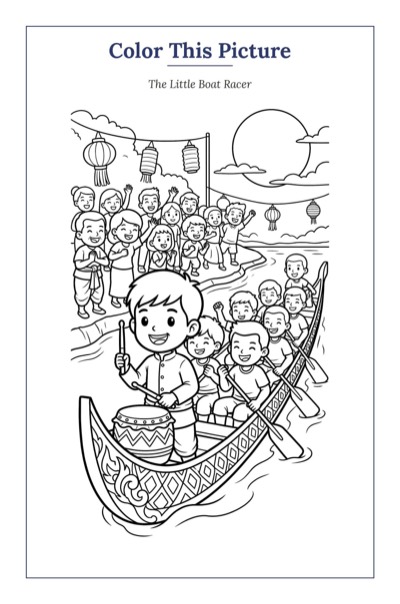The Little Boat Racer — a printable Mid-Autumn coloring page from Cambodia