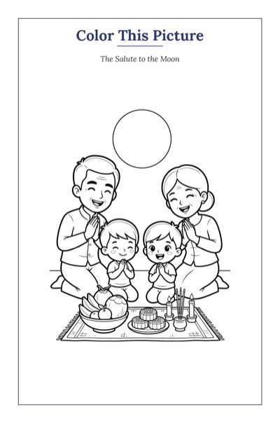 The Salute to the Moon — a printable Mid-Autumn coloring page from Cambodia