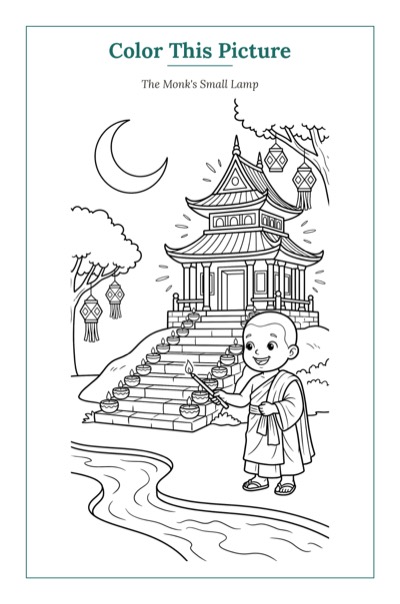 The Monk's Small Lamp — a printable Mid-Autumn coloring page from Laos