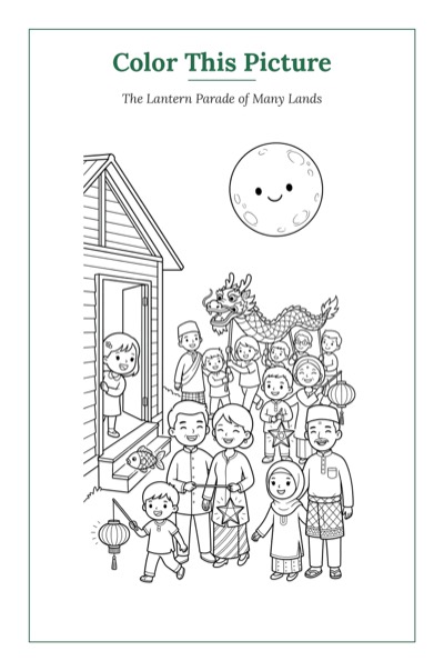 The Lantern Parade of Many Lands — a printable Mid-Autumn coloring page from Malaysia
