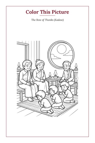 The Bow of Thanks (Kadaw) — a printable Mid-Autumn coloring page from Myanmar