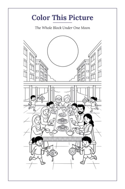 The Whole Block Under One Moon — a printable Mid-Autumn coloring page from Singapore