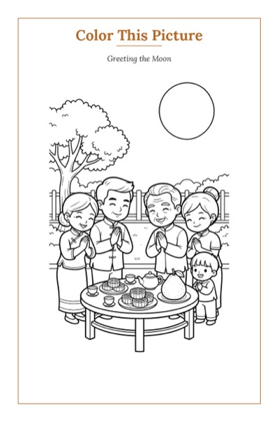 Greeting the Moon — a printable Mid-Autumn coloring page from Thailand