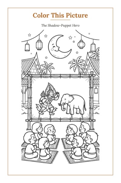 The Shadow-Puppet Hero — a printable Mid-Autumn coloring page from Thailand