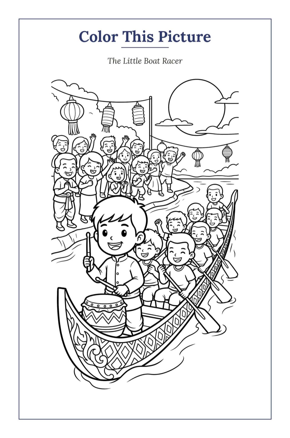 The Little Boat Racer — a printable Mid-Autumn coloring page from Cambodia