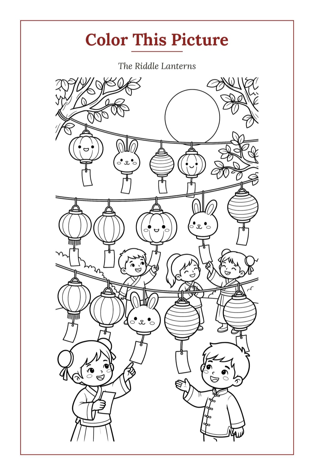 The Riddle Lanterns — a printable Mid-Autumn coloring page from China