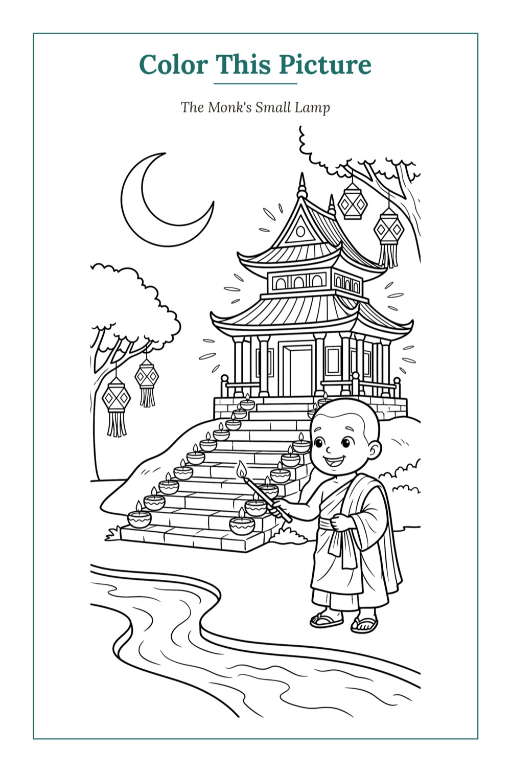 The Monk's Small Lamp — a printable Mid-Autumn coloring page from Laos