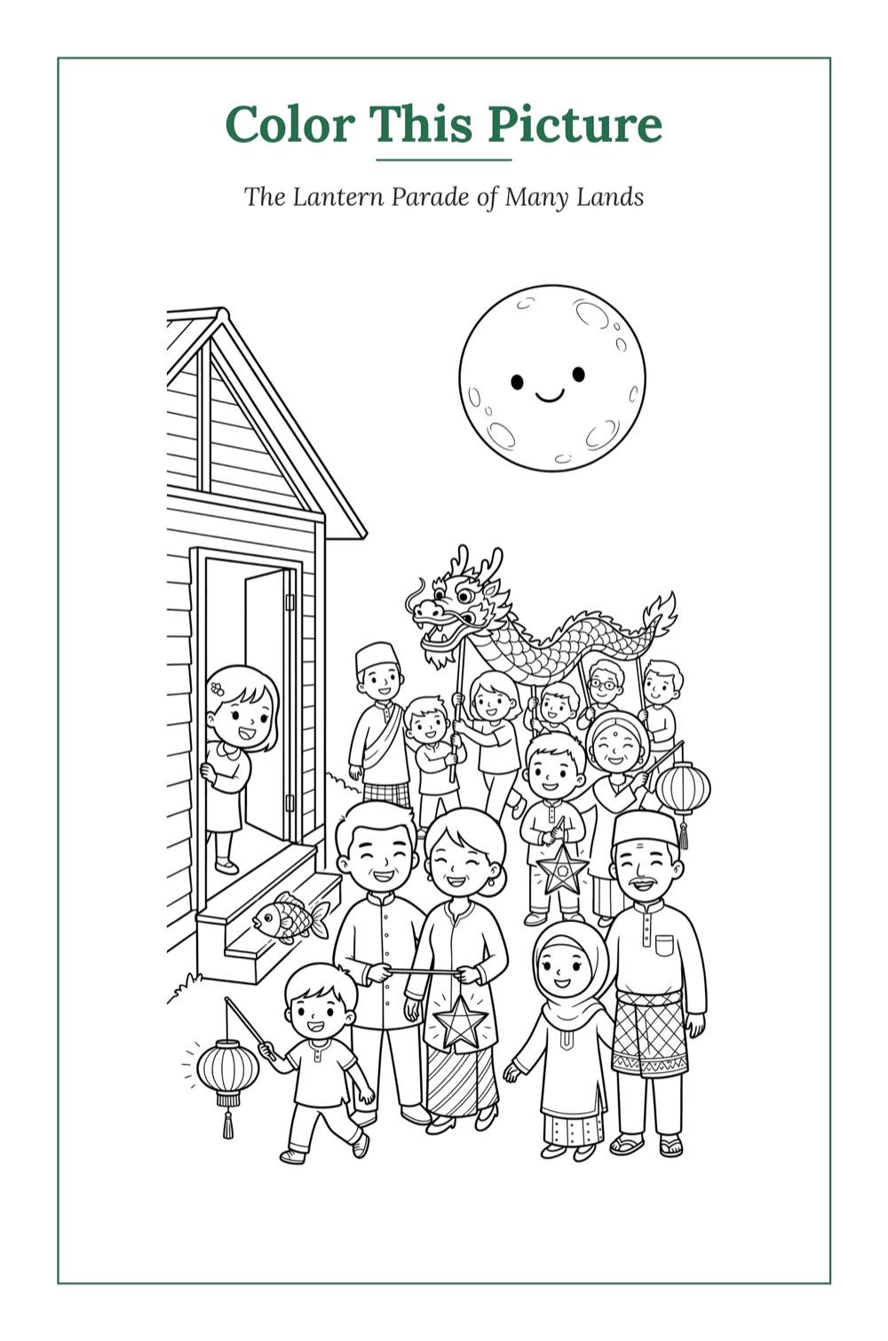 The Lantern Parade of Many Lands — a printable Mid-Autumn coloring page from Malaysia