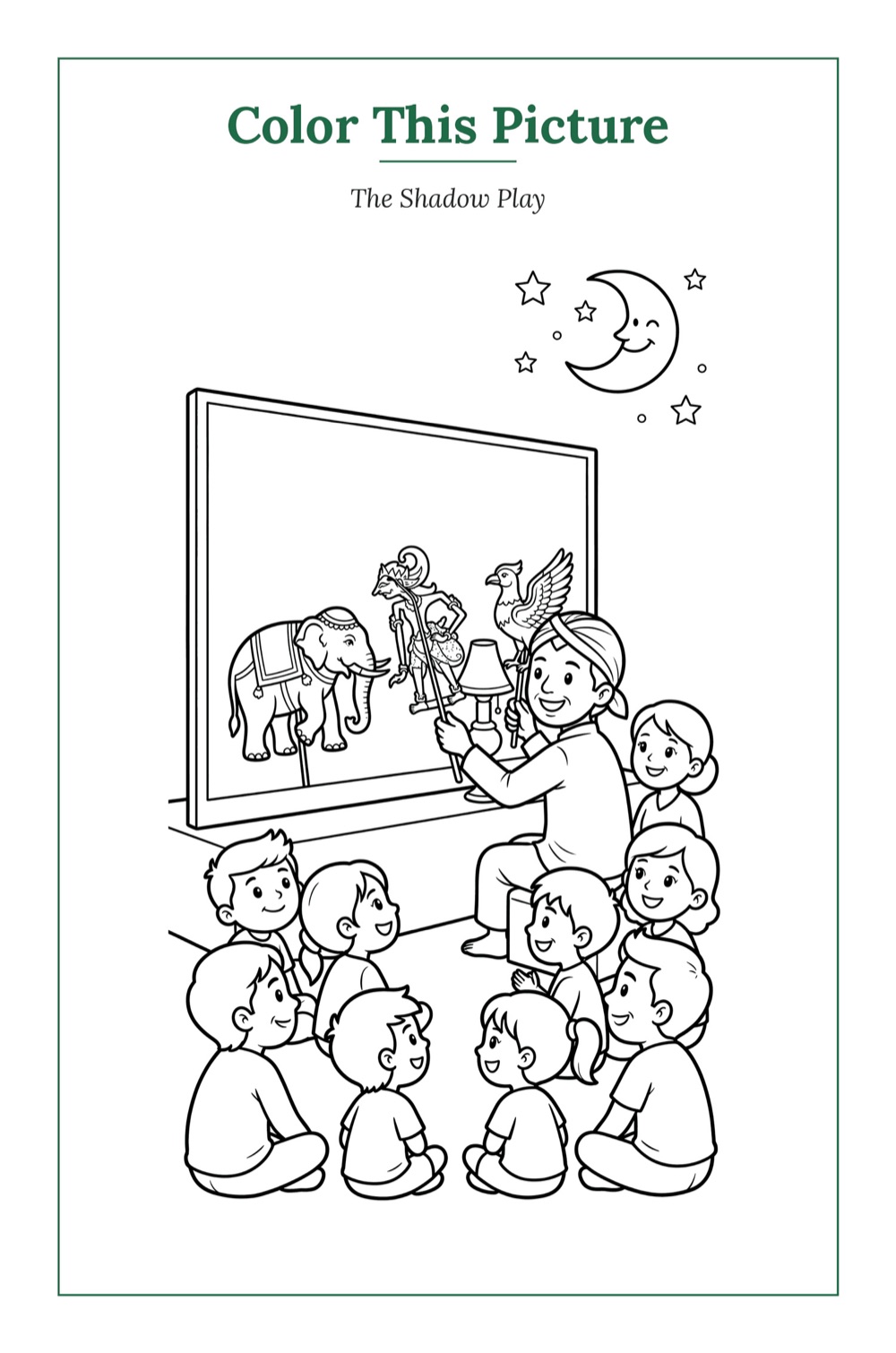 The Shadow Play — a printable Mid-Autumn coloring page from Malaysia