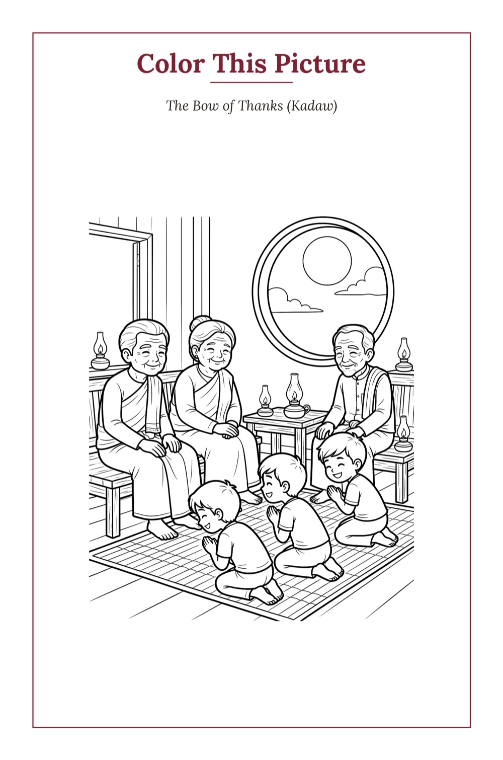The Bow of Thanks (Kadaw) — a printable Mid-Autumn coloring page from Myanmar