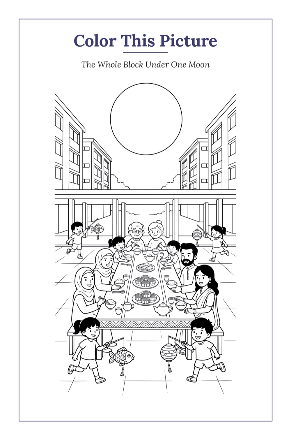The Whole Block Under One Moon — a printable Mid-Autumn coloring page from Singapore