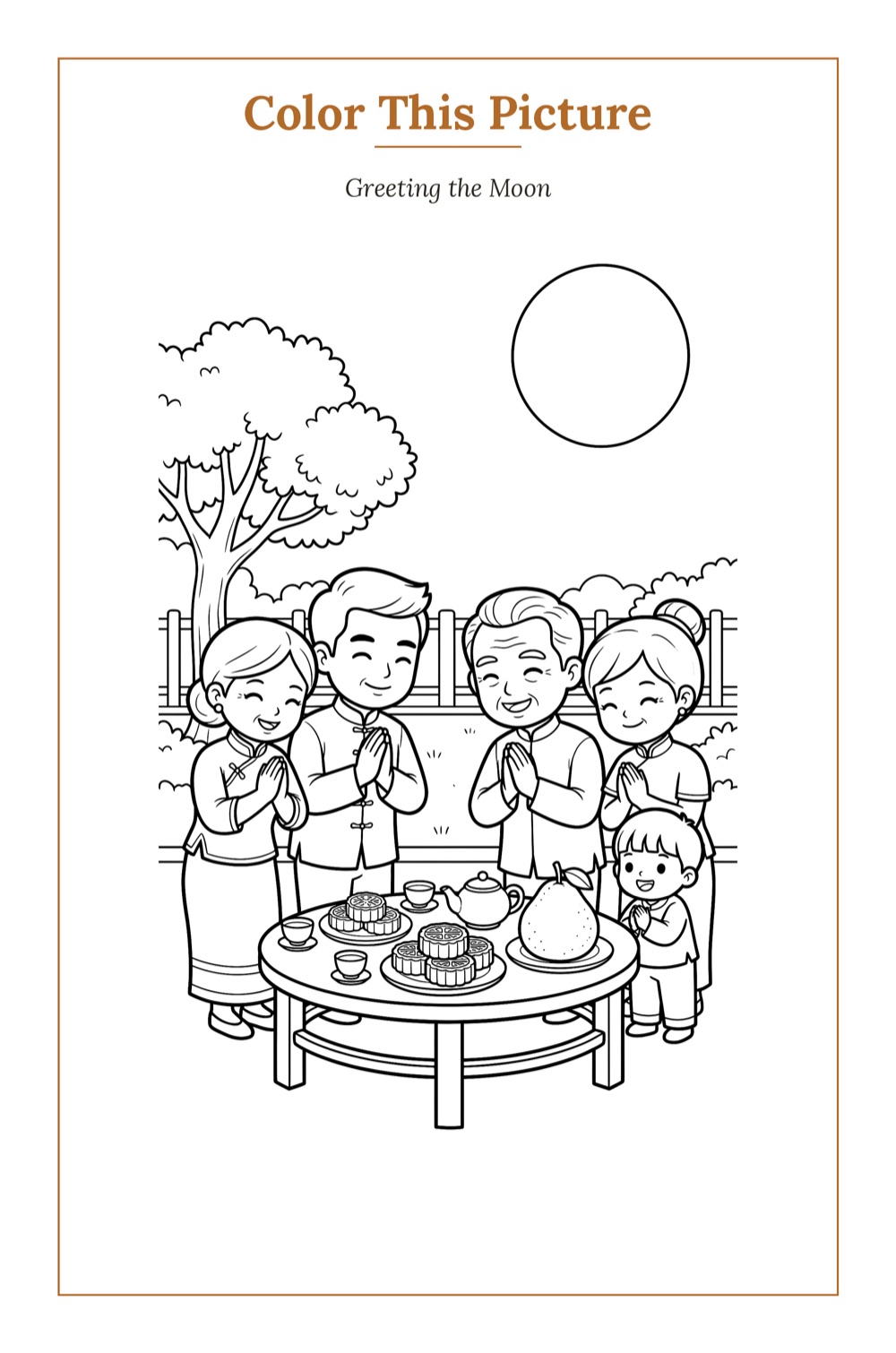 Greeting the Moon — a printable Mid-Autumn coloring page from Thailand