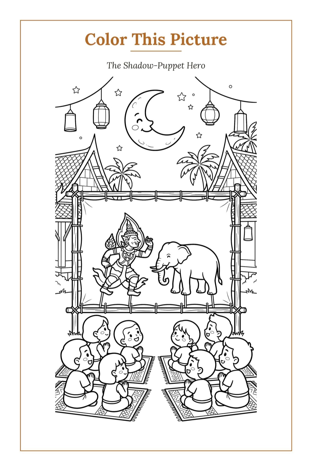 The Shadow-Puppet Hero — a printable Mid-Autumn coloring page from Thailand