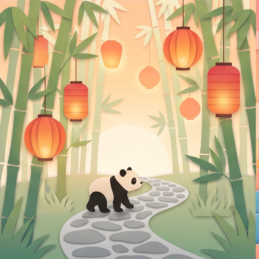 A panda cub on a stone path through a bamboo grove hung with paper lanterns