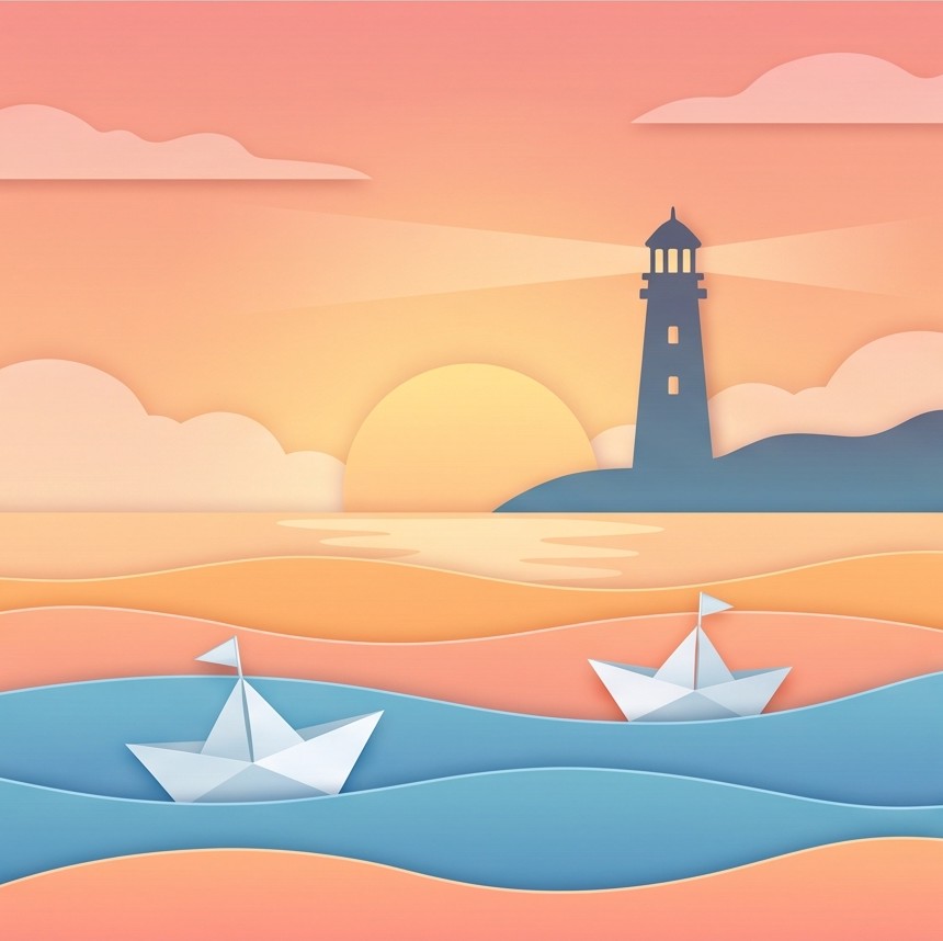 Two paper boats drifting toward each other on a calm sea at sunset, a lighthouse beyond