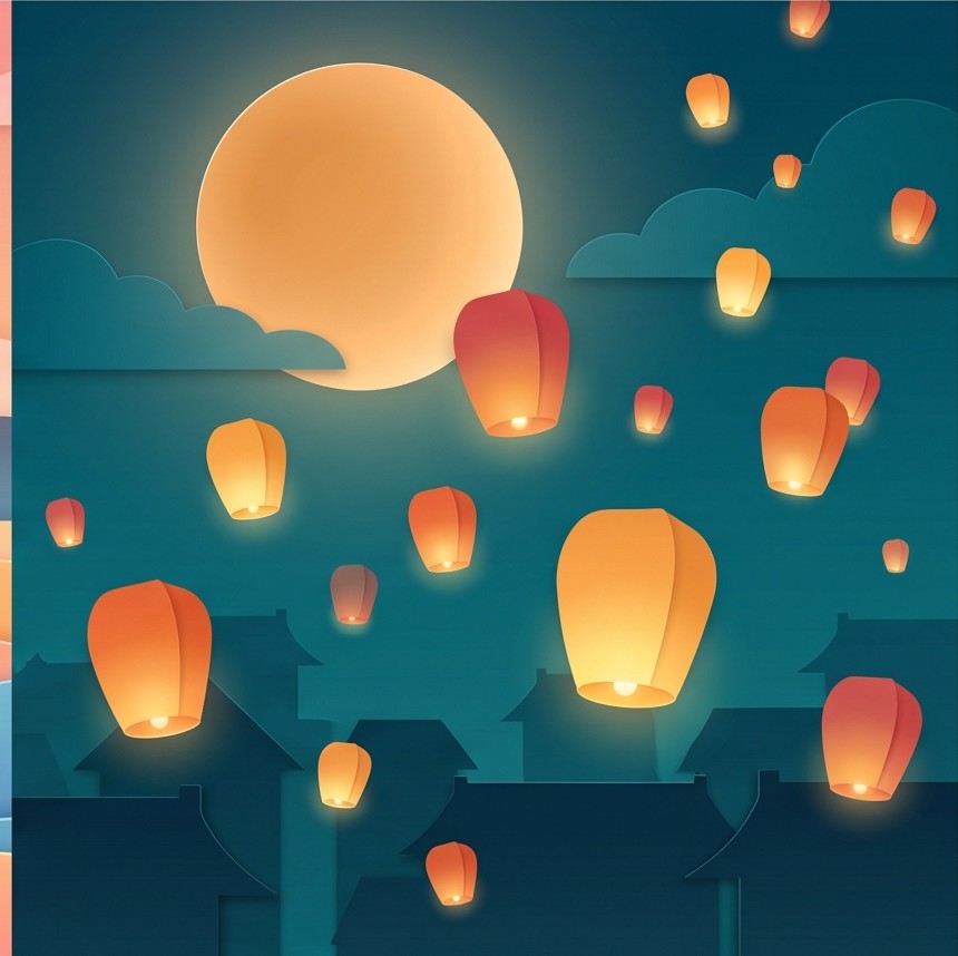 Paper lanterns rising over rooftops beneath a full moon