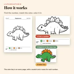 Little Panda's Color by Number: Dinosaurs, Garden and Seaside, 40 Pictures to Color for Kids Ages 4 to 8: how it works