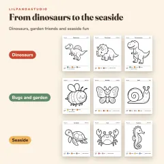Little Panda's Color by Number: Dinosaurs, Garden and Seaside, 40 Pictures to Color for Kids Ages 4 to 8: themes