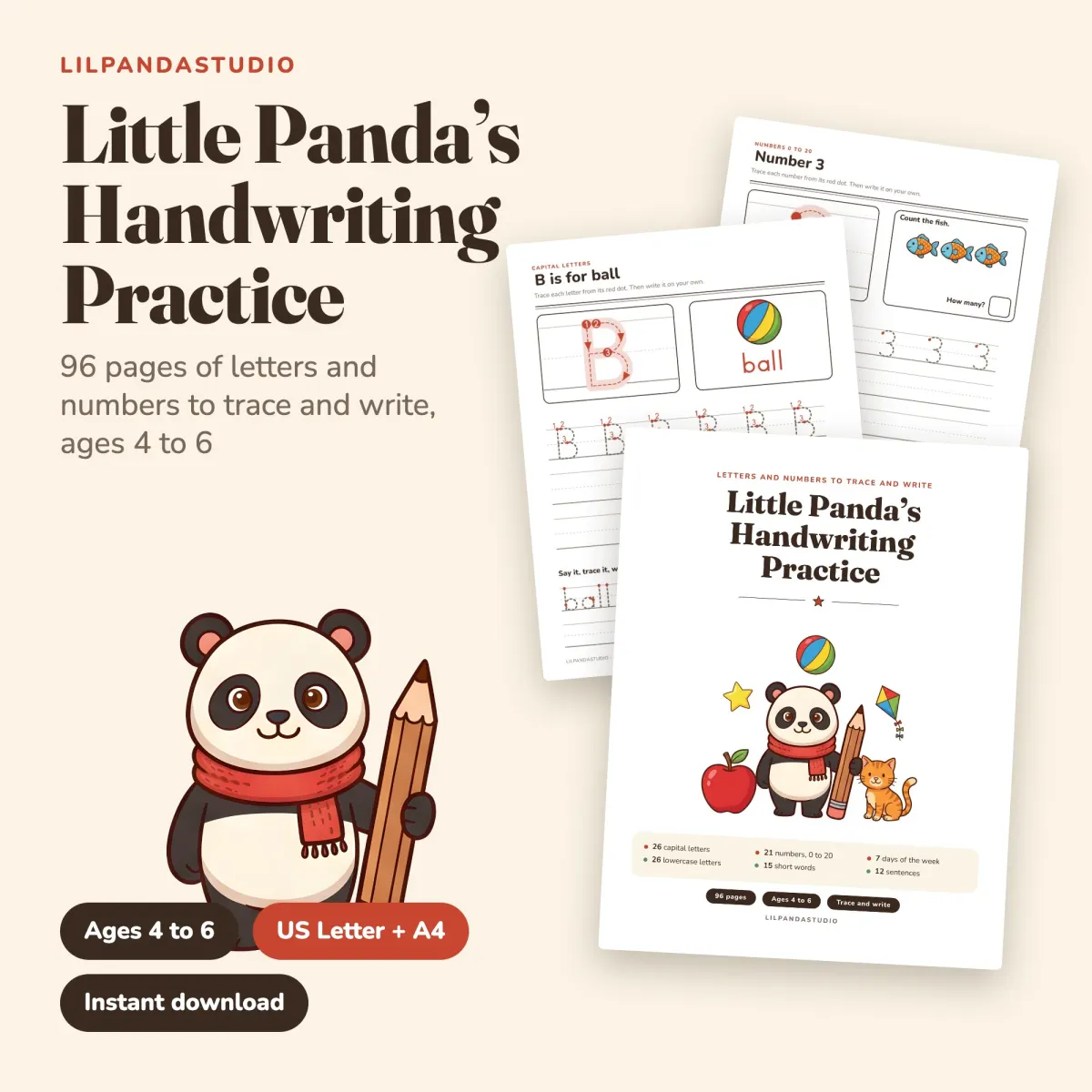 Little Panda's Handwriting Practice: Letters and Numbers: cover